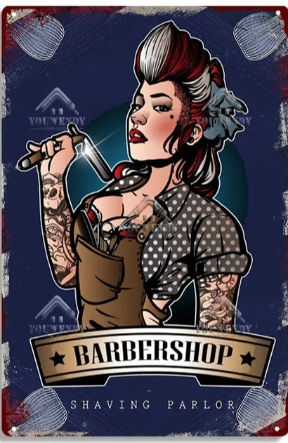 Cartaz de barbearia com mulher tatuada segurando navalhete