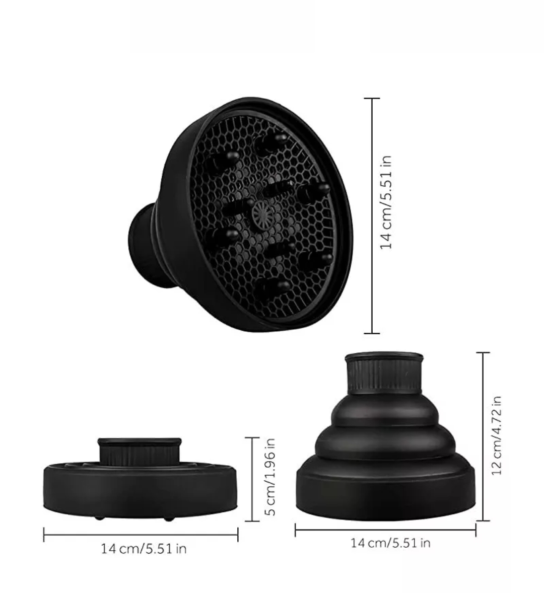 difusor de cabelo preto em silicone com várias dimensões
