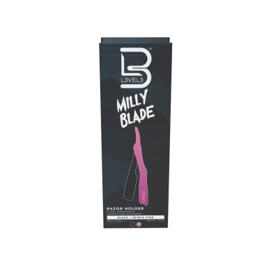 Embalagem preta do suporte para lâmina de barbear MILLY BLADE da LEVEL3 com imagem do produto rosa.