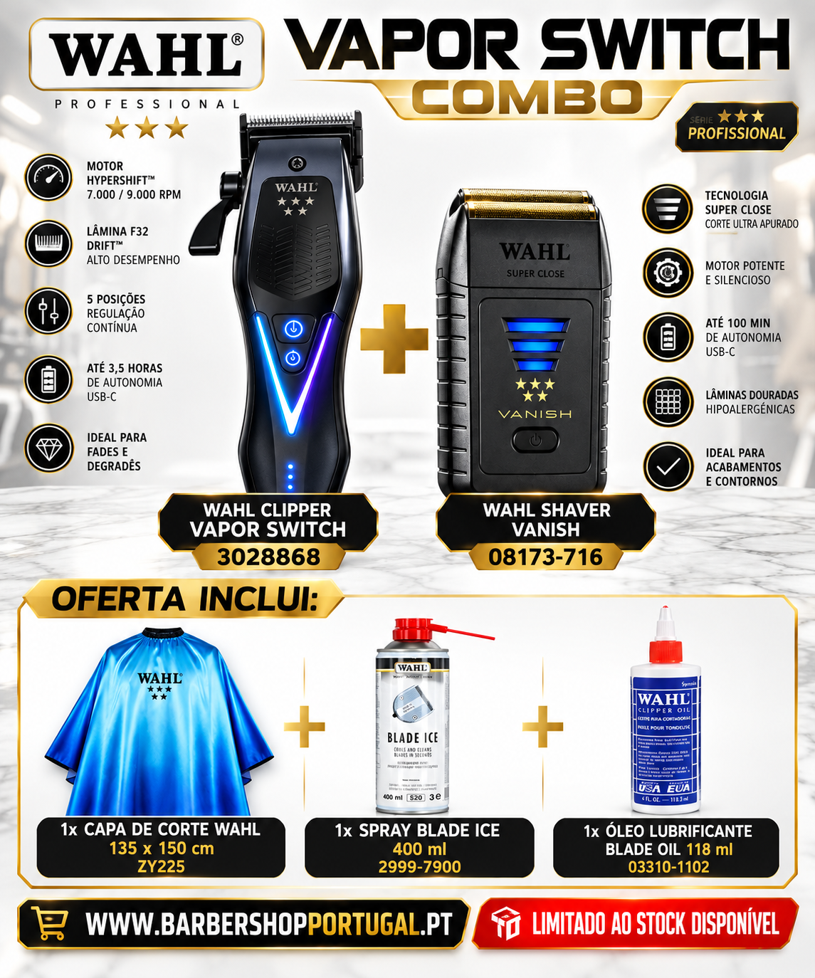 Combo WAHL VAPOR SWITCH com máquina de cortar, máquina de barbear, capa de corte azul, spray e óleo lubrificante