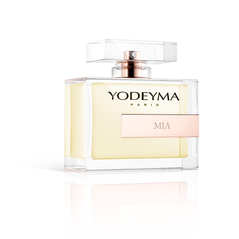 Frasco de perfume Yodeyma Mia em vidro transparente com tampa clara