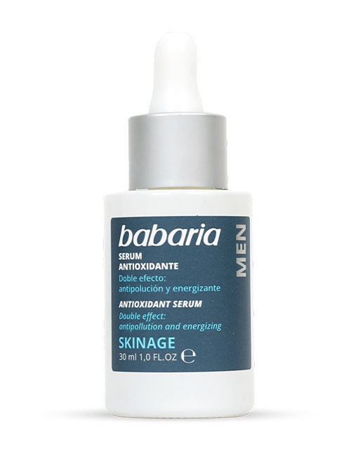Frasco de sérum antioxidante Babaria para homens, branco com rótulo azul escuro.