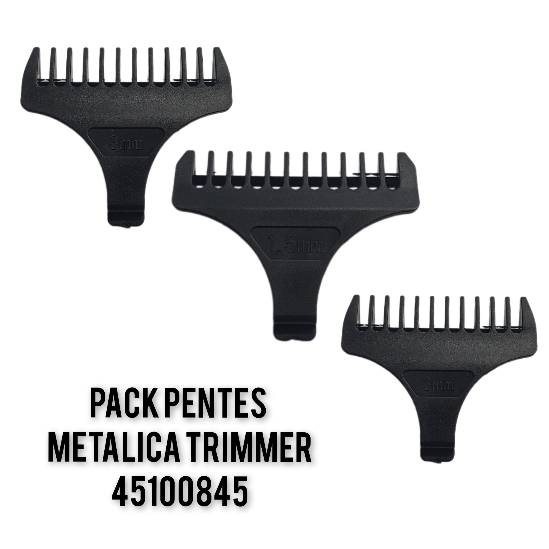 Pack de três pentes metálicos pretos para aparador com tamanhos 3mm, 4,5mm e 6mm