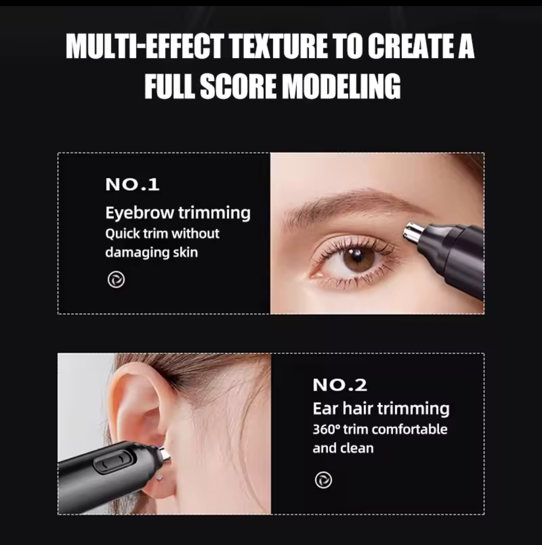 Anúncio de aparador para sobrancelhas e pêlos da orelha com texto explicativo e imagens das funções.