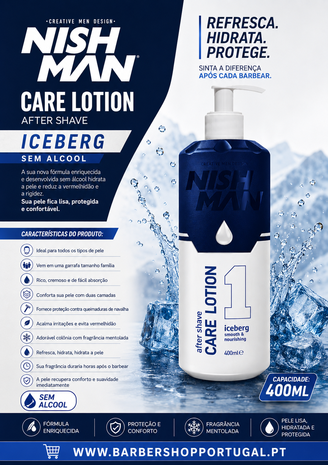 Loção pós-barba Nish Man Care Lotion Iceberg, 400 ml, embalagem azul e branca