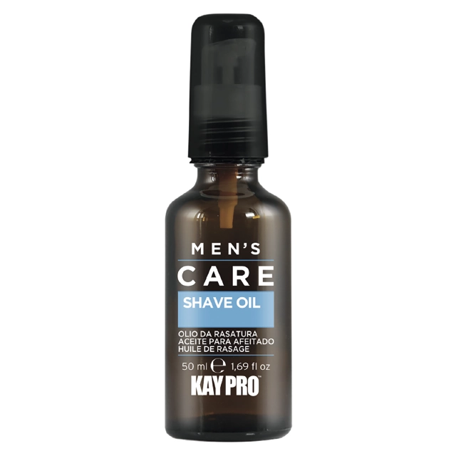 Frasco de óleo de barbear Kay Pro Men's Care preto com tampa e rótulo