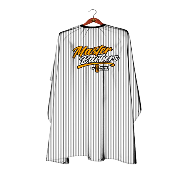Capa de corte de cabelo branca com riscas finas pretas e texto 'Master Barbers'.