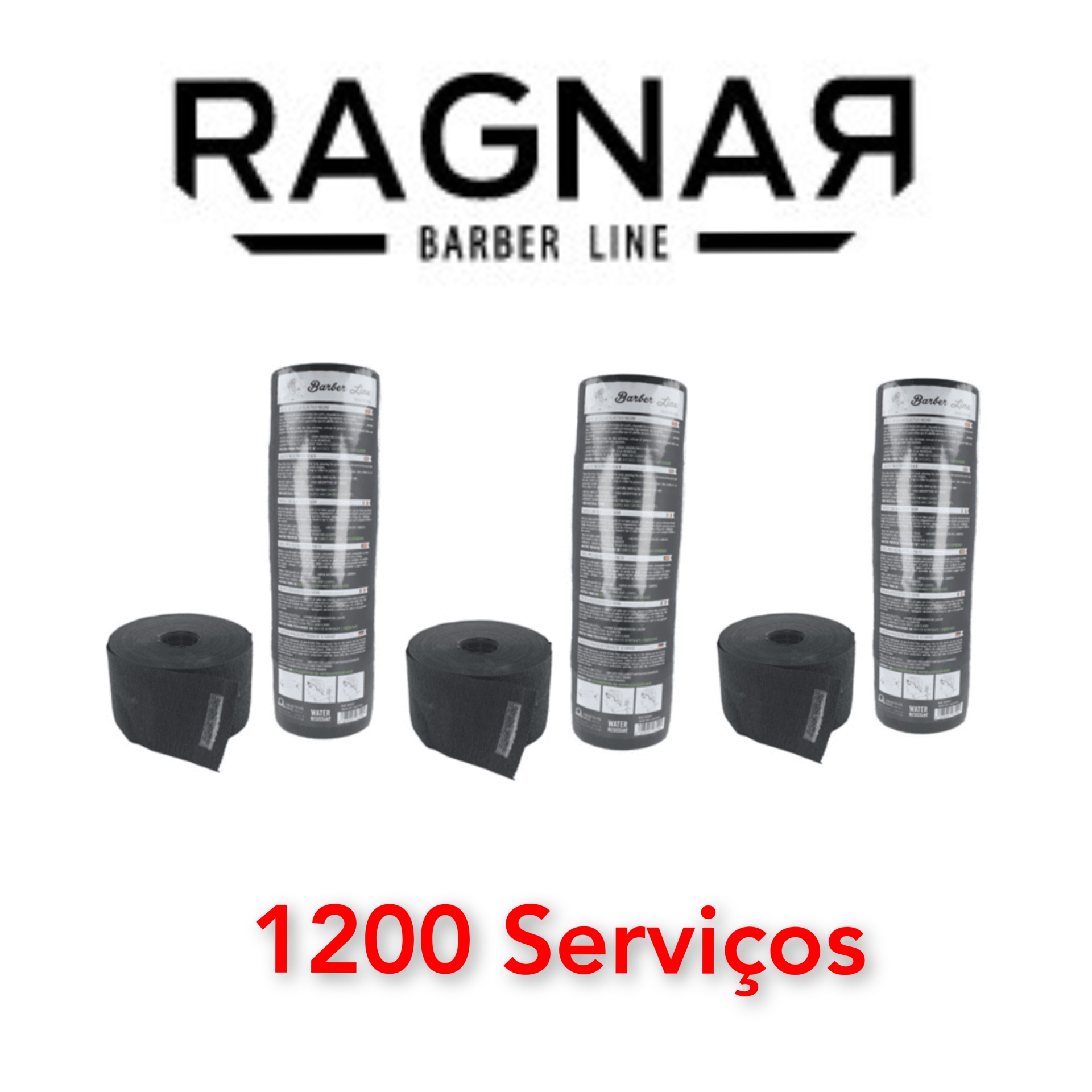 Logótipo RAGNAR BARBER LINE com três conjuntos de rolos de fita adesiva preta e embalagens transparentes com etiquetas, texto '1200 Serviços' em vermelho.
