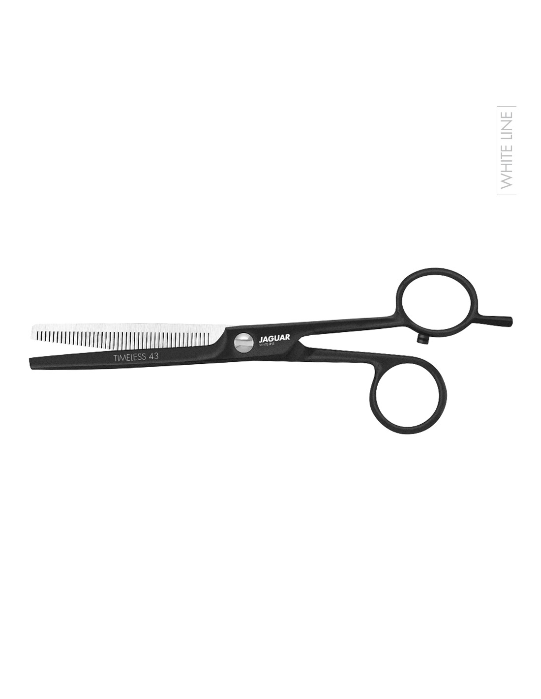 Tesoura de desbaste preta e prateada com texto Jaguar e TIMeless 43