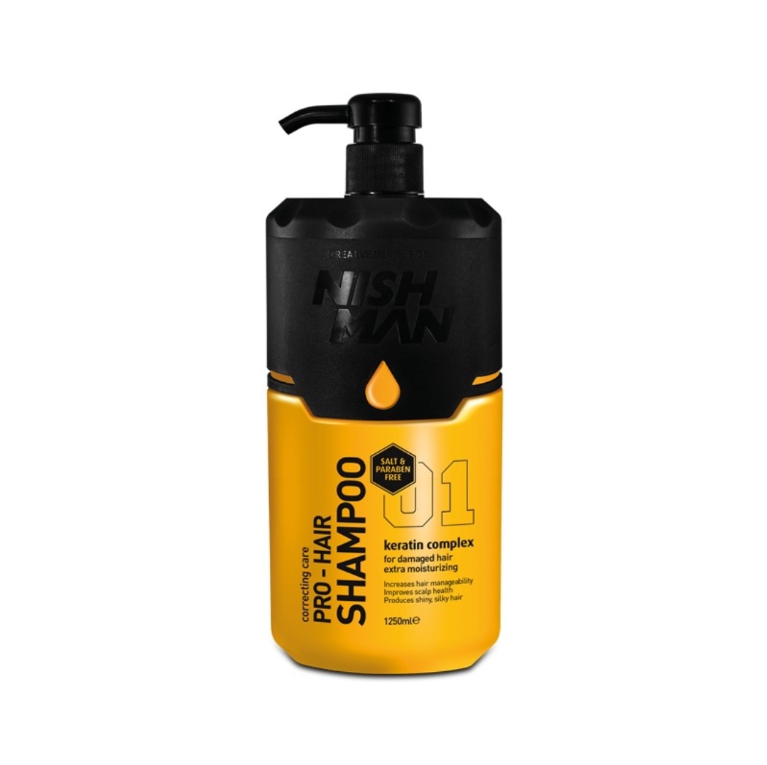 Frasco de champô pro-hair Nish Man preto e amarelo com tampa de bomba