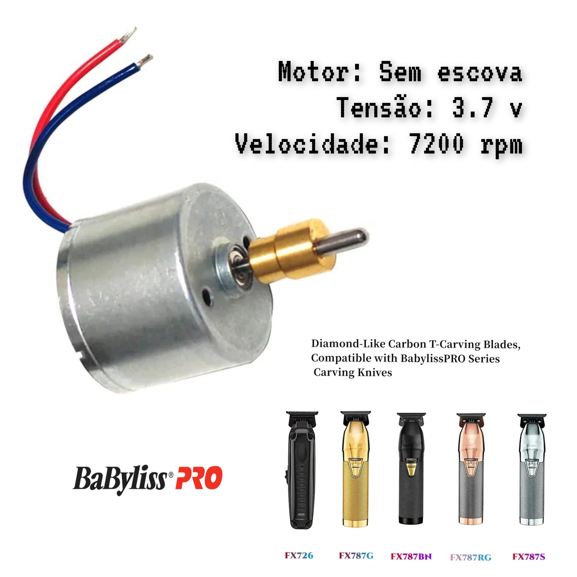 Motor elétrico pequeno prateado com fios, texto técnico e vários modelos de máquinas de barbear BaByliss PRO