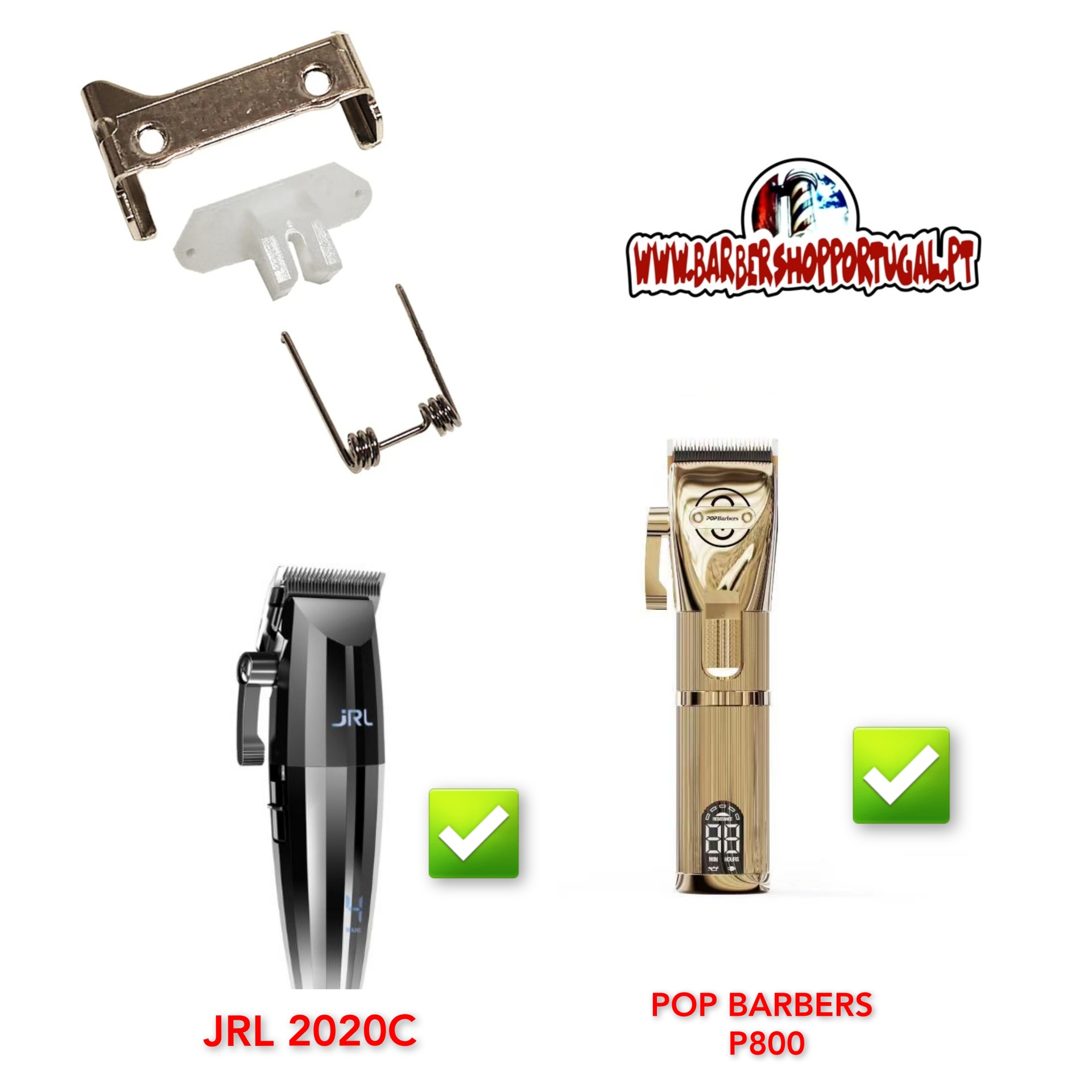 duas máquinas de cortar cabelo JRL 2020C preta e POP BARBERS P800 dourada com acessórios
