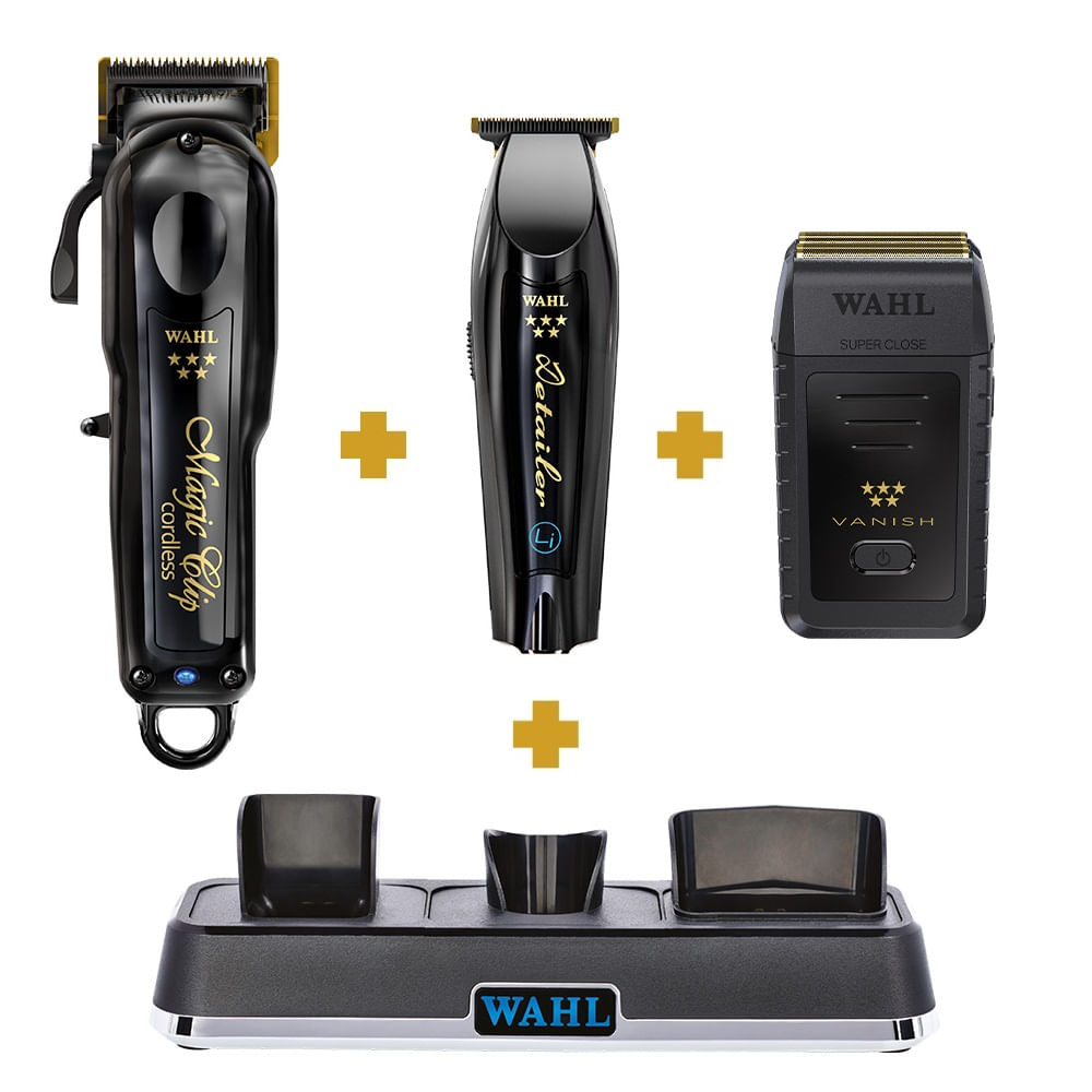 Máquinas de corte WAHL Magic Clip Cordless, aparelho de précision e aparador Vanish com base de carregamento