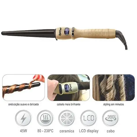 Modelador de cabelo bege e preto com display LCD e informações de uso