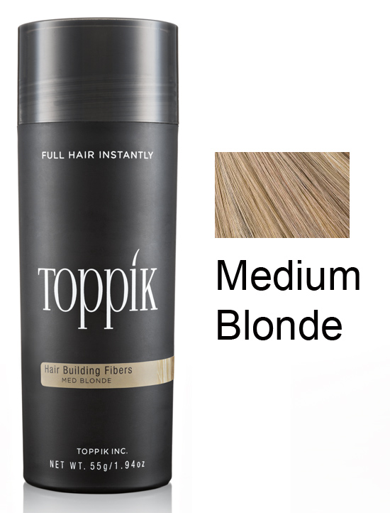 Frasco preto de Toppik Hair Building Fibers cor Medium Blonde e amostra da cor