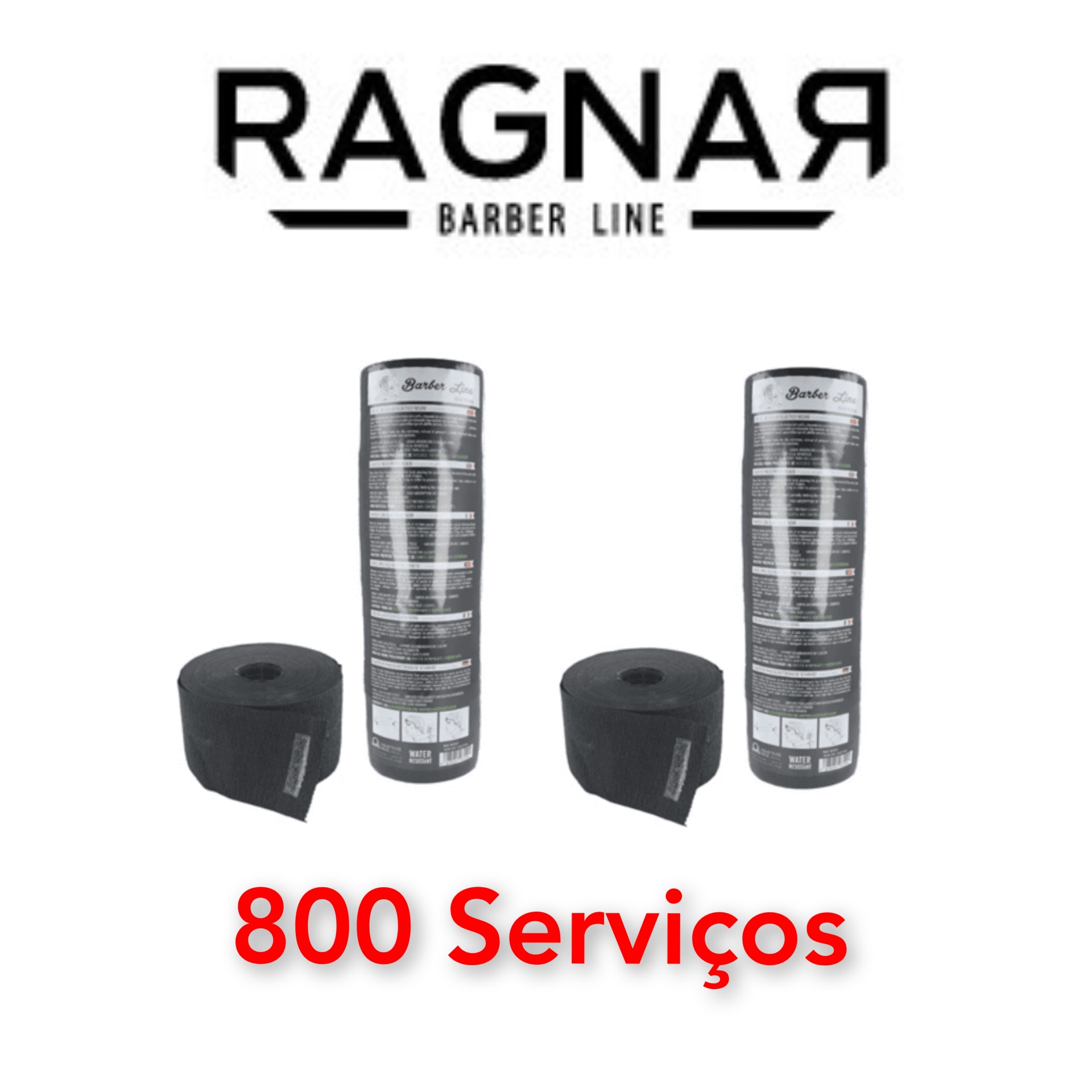 Duas embalagens cilíndricas pretas com texto branco e duas bobinas, com logótipo RAGNAR BARBER LINE e texto 800 Serviços em vermelho.