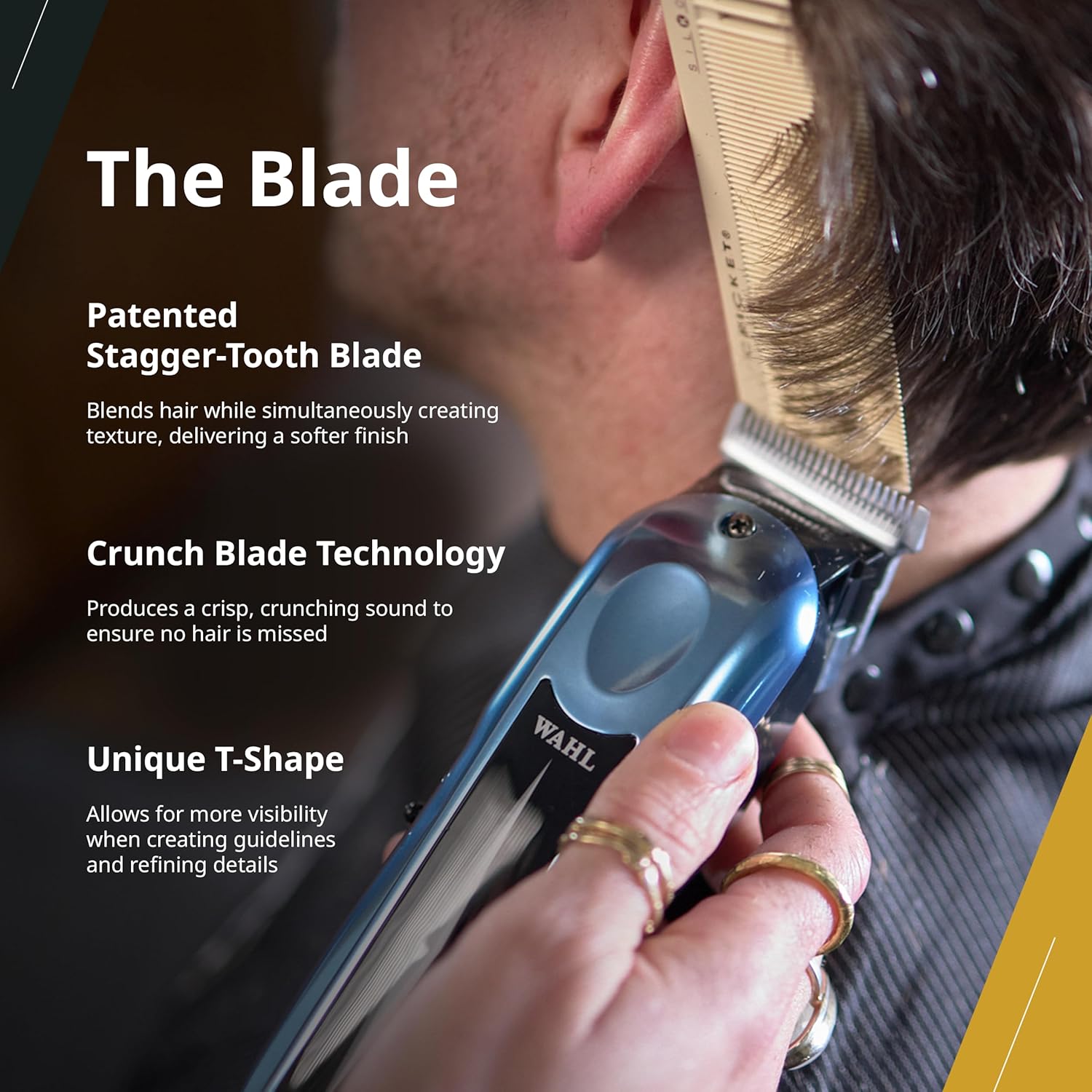 Máquina de cortar cabelo WAHL com lâmina dourada e corpo azul sendo usada para cortar cabelo