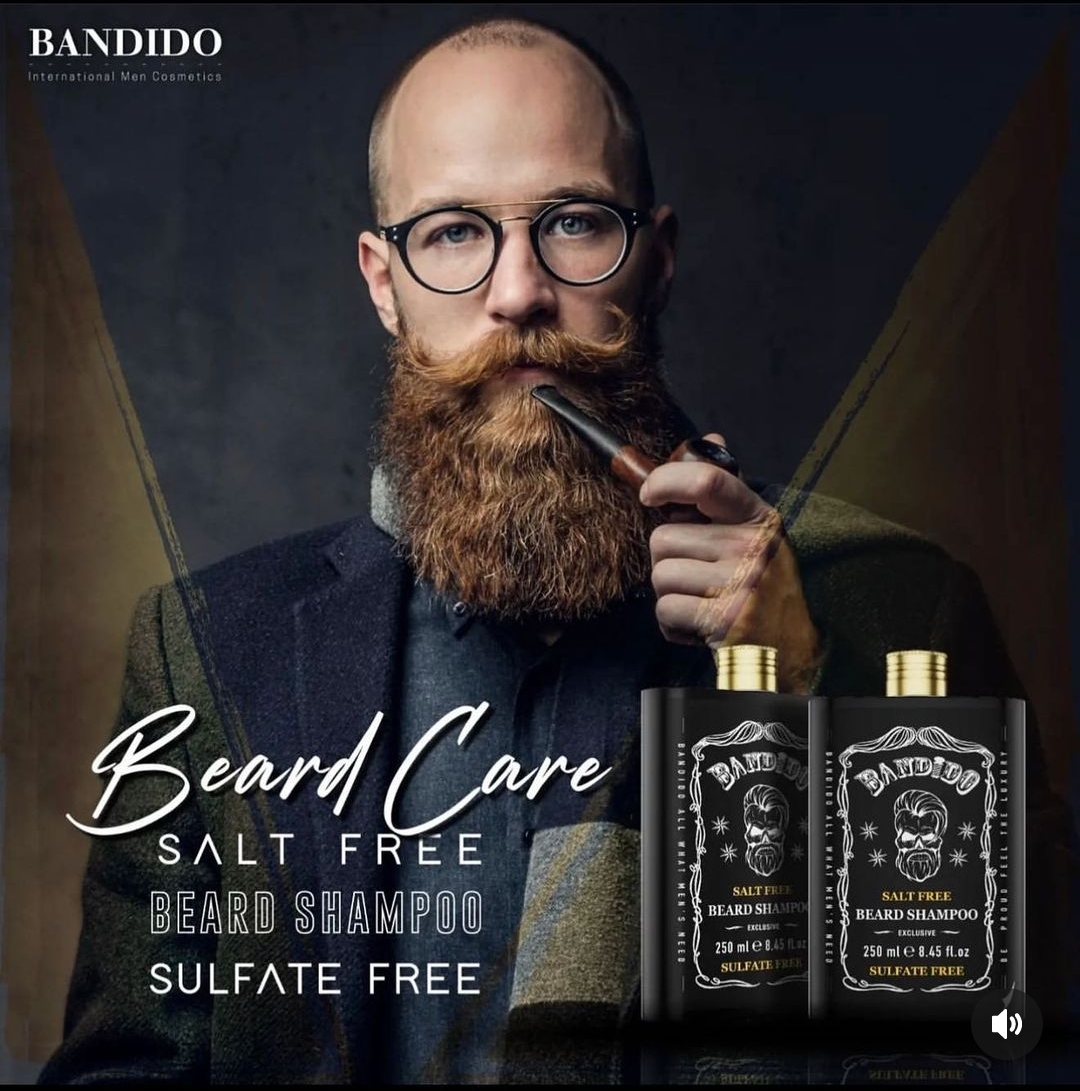 Imagem de champô para barba Bandido com homem barbudo no fundo