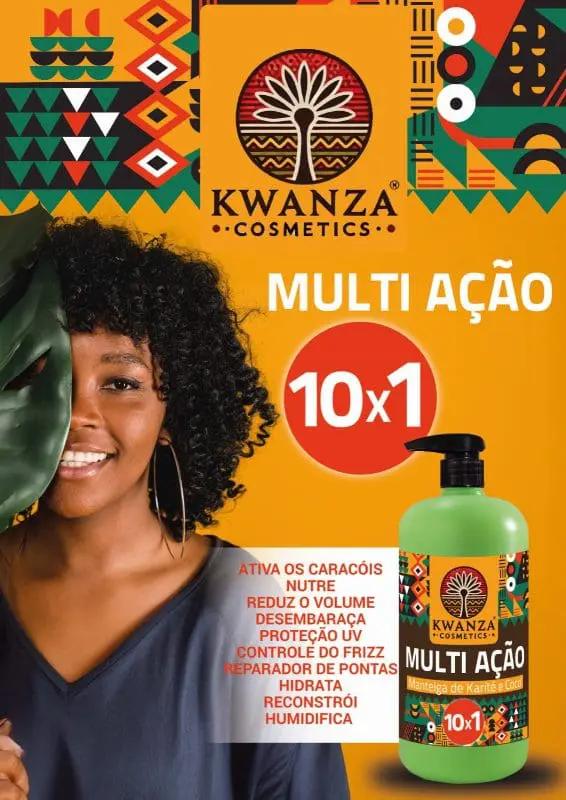 Frasco verde de Kwanza Cosmetics MULTI AÇÃO 10x1 com mulher sorridente e fundo amarelo com padrões africanos
