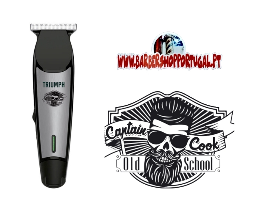 Máquina de cortar cabelo elétrica Triumph preto e prata com logótipo Captain Cook Old School e texto WWW.BARBERSHOPPORTUGAL.PT