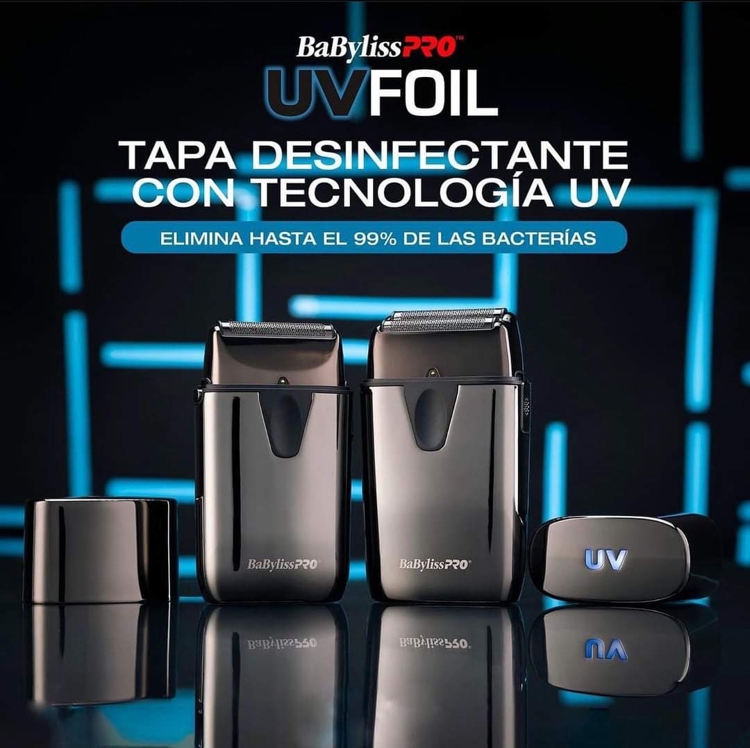 Máquinas de barbear elétricas BaBylissPRO UV FOIL com tecnologia UV e texto promocional em espanhol