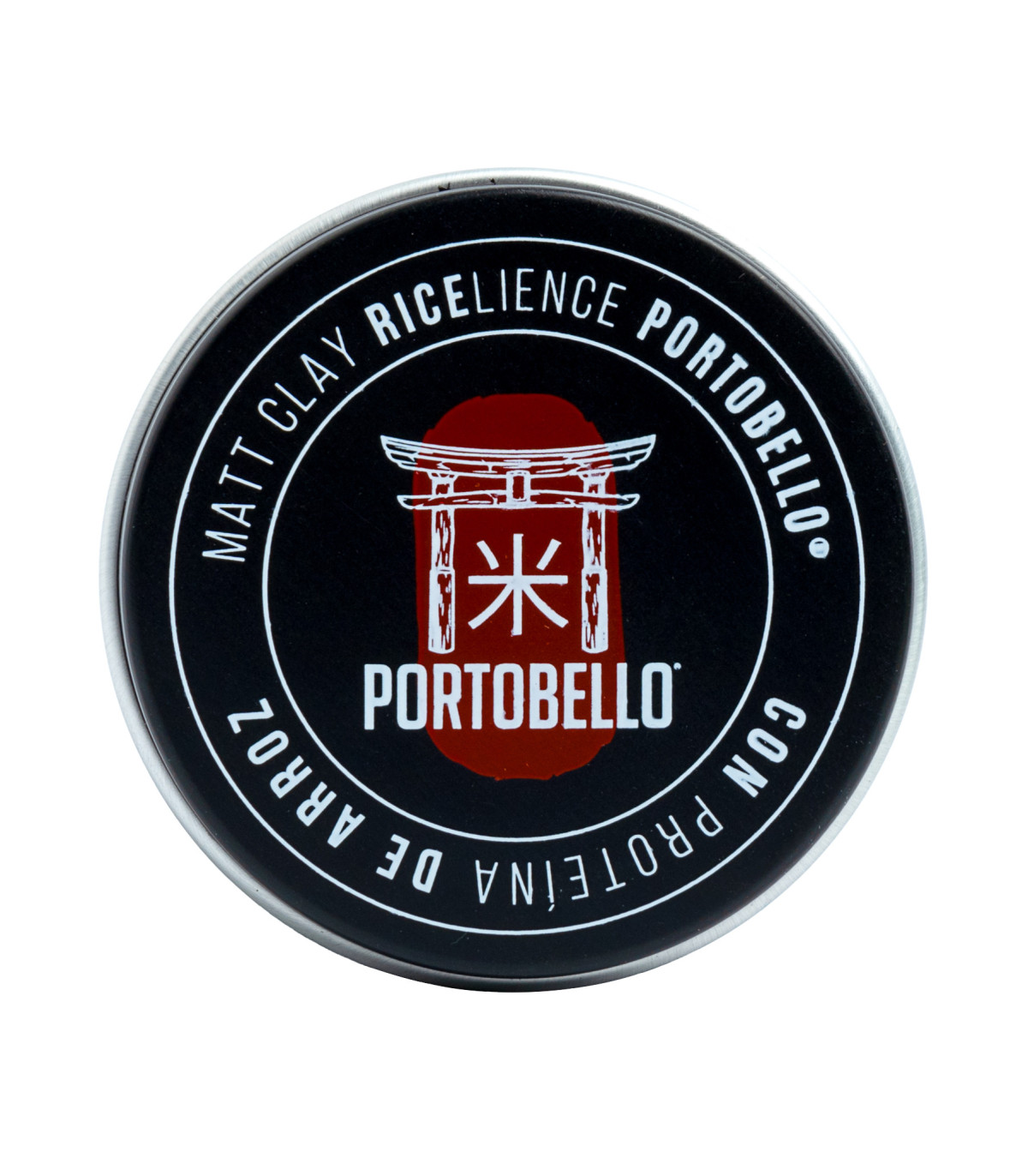 Lata preta de matt clay Portobello com texto branco e logo vermelho e branco