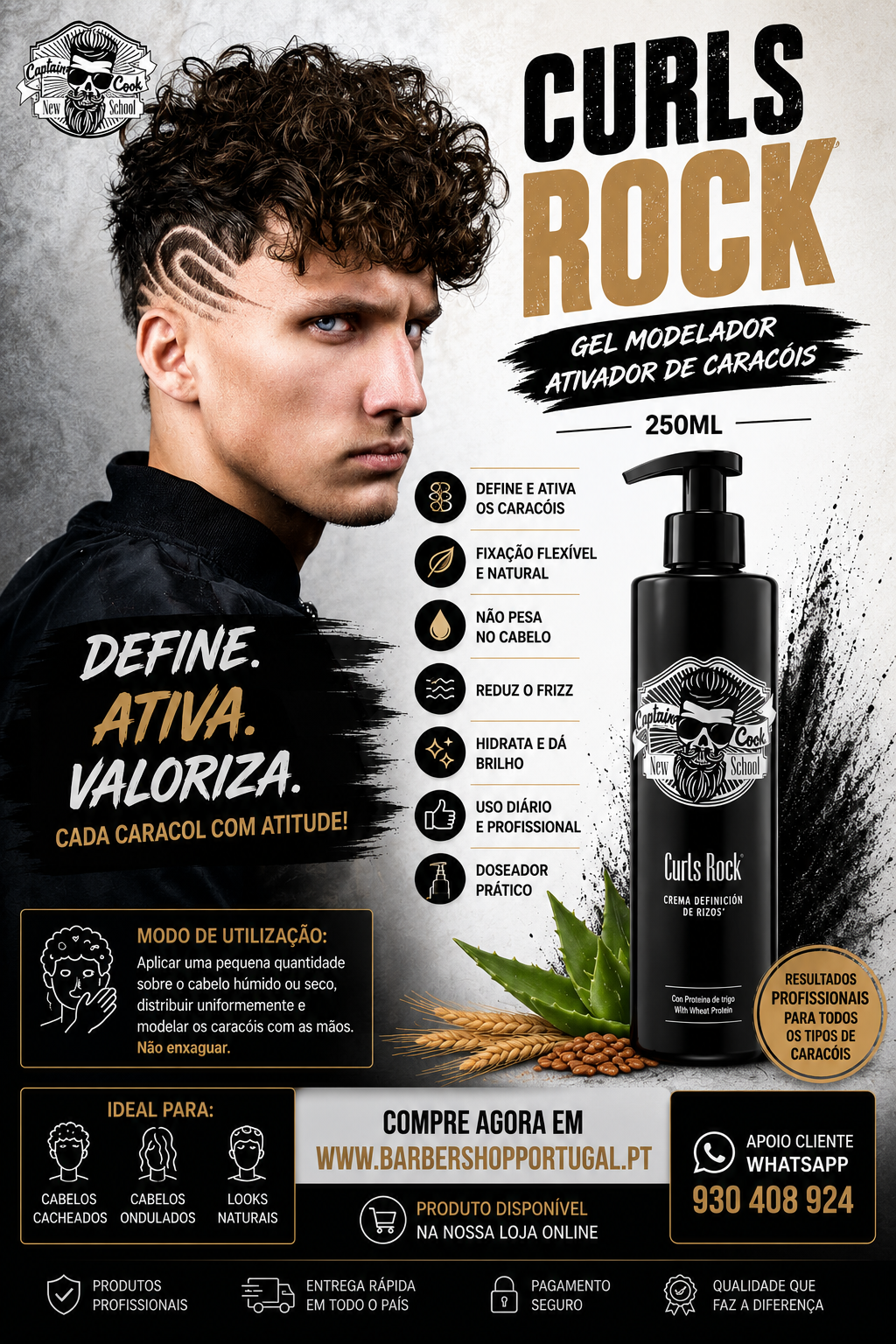 Gel modelador Curls Rock com embalagem preta e design promocional com modelo masculino e texto