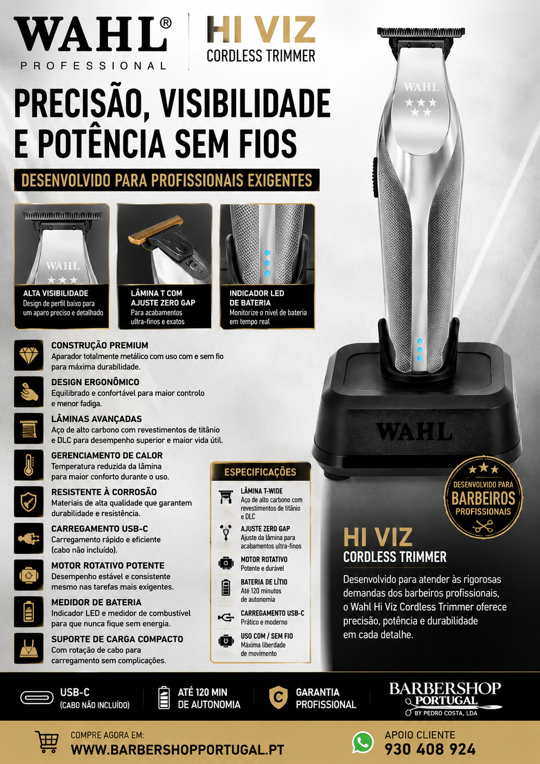 Aparador WAHL Hi Viz Cordless Trimmer prateado e preto com carregador, texto promocional em português