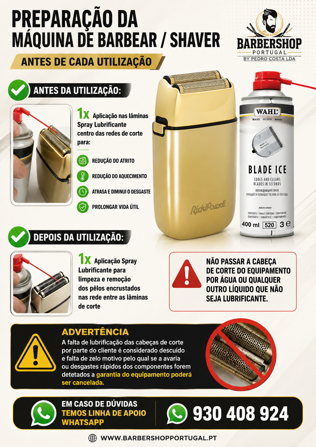 Máquina de barbear dourada RickiParodi e spray Wahl Blade Ice em lata prateada com tampa vermelha