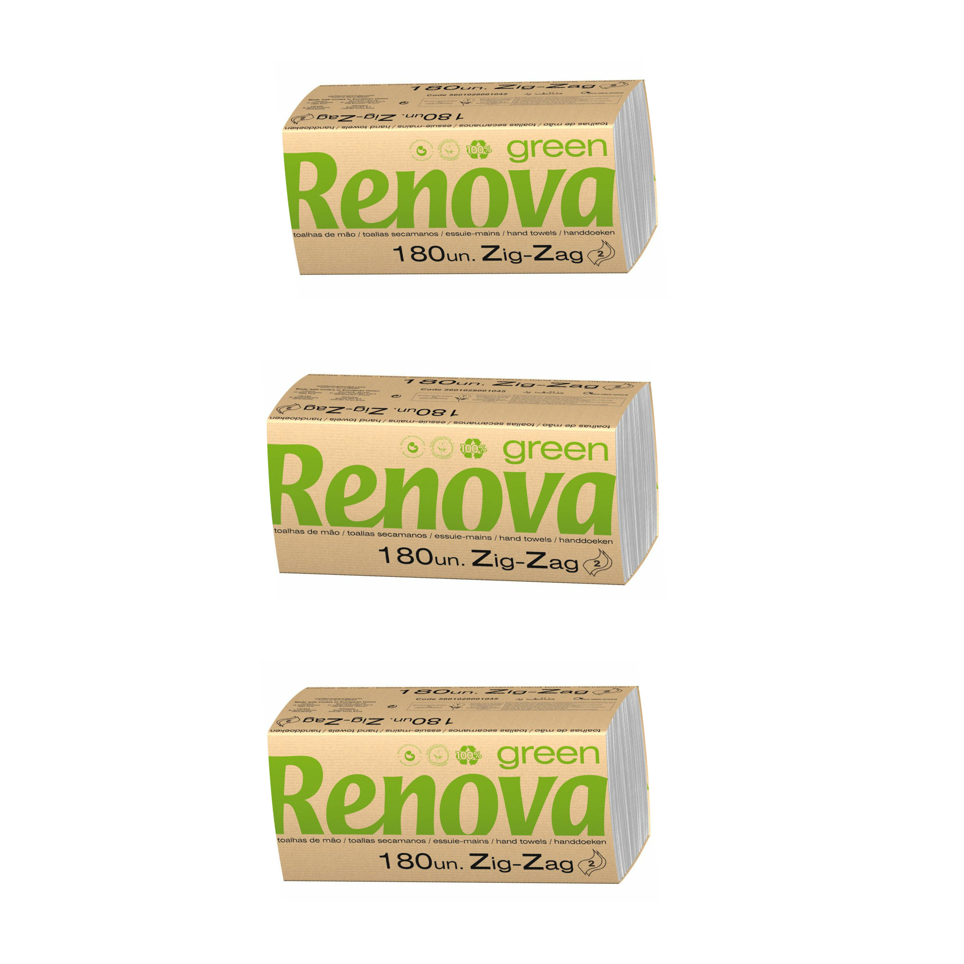 Três embalagens de papel higiénico Renova green 180 unidades Zig-Zag cor bege e verde