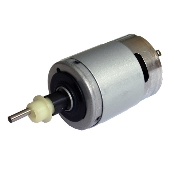 Motor elétrico compacto prateado com eixo e peça plástica creme