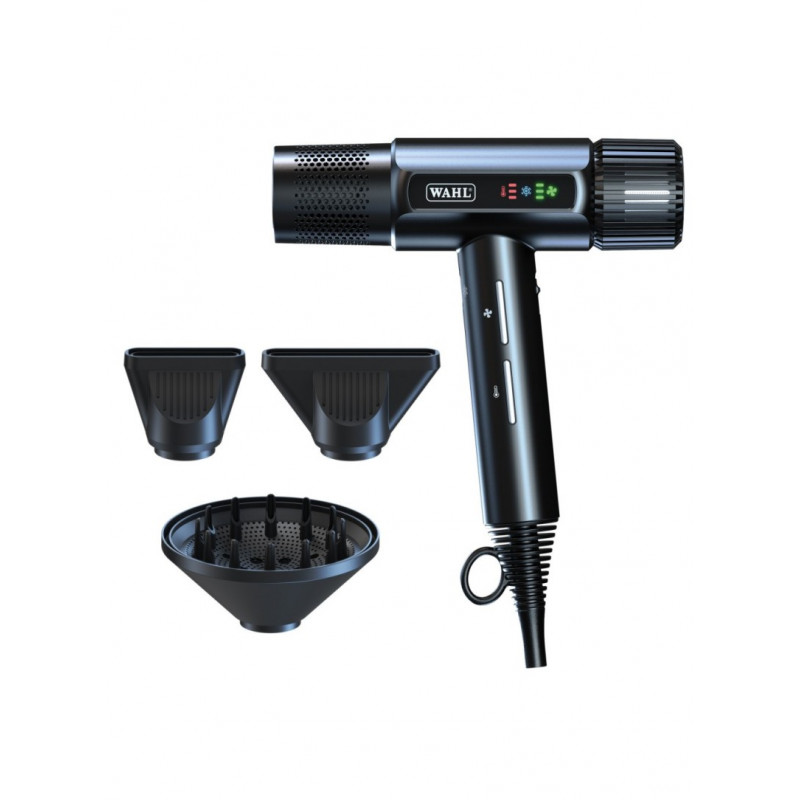 Secador de cabelo preto com três bocais e logótipo WAHL