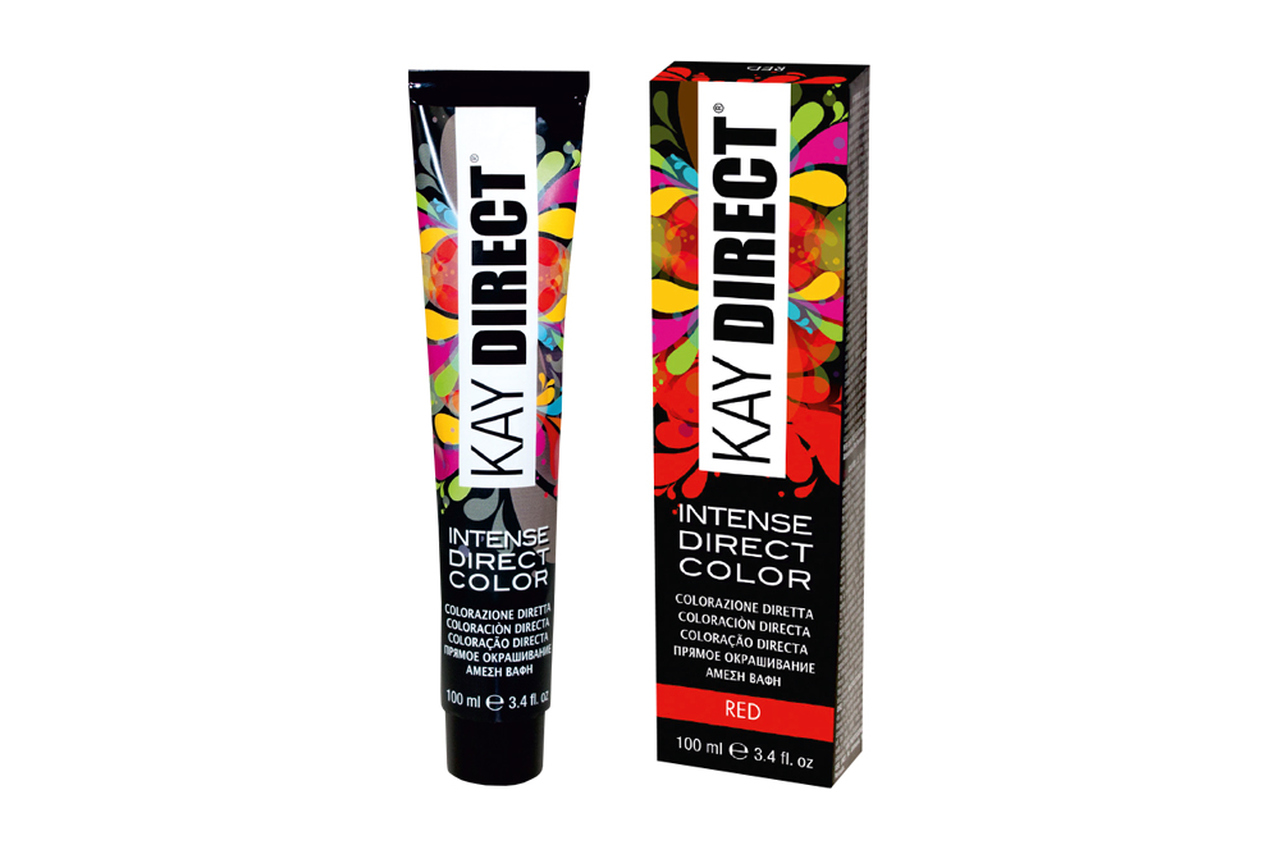 Tubo e caixa de tinta de cabelo Kay Direct Intense Direct Color vermelha