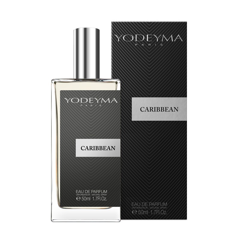 Perfume Yodeyma Caribbean com frasco de vidro e embalagem preta