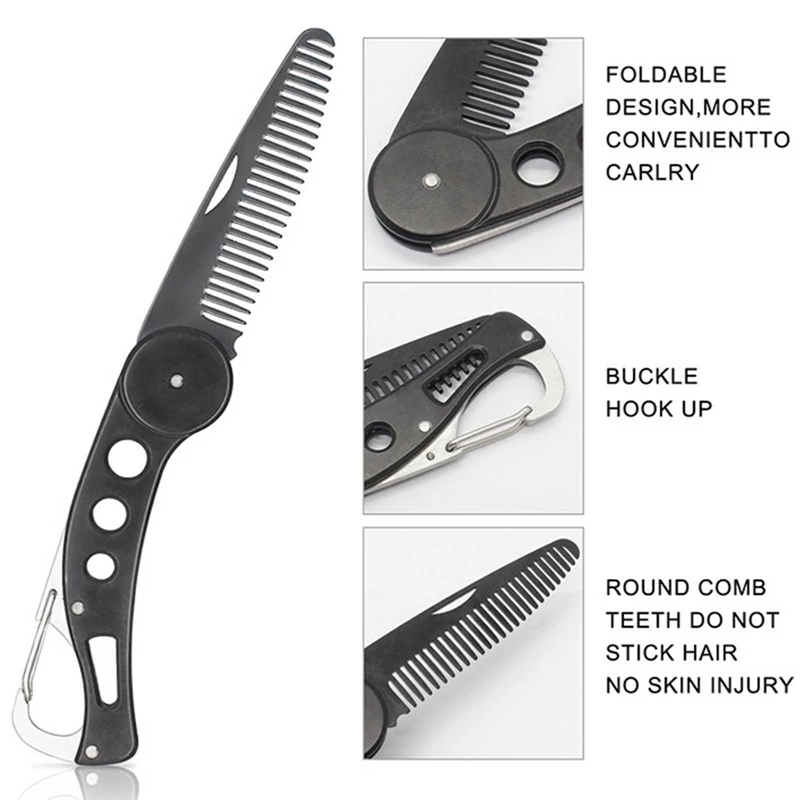 Pente preto dobrável com gancho mosquetão e dentes arredondados, com texto explicativo em inglês