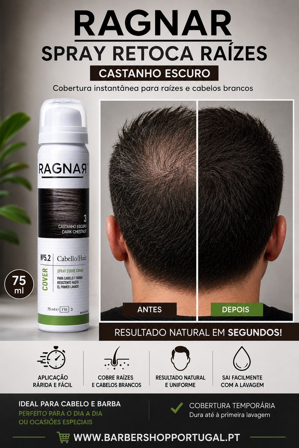Spray retoca raízes castanho escuro RAGNAR com imagem antes e depois no cabelo de um homem