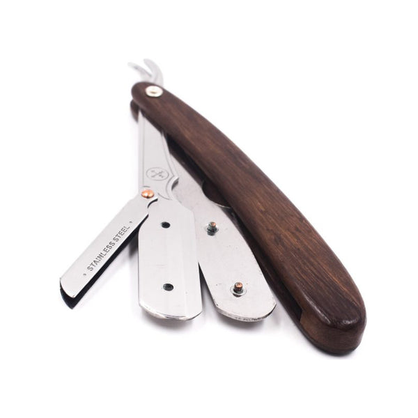 Navalhete de barbear com cabo de madeira e lâminas em aço inoxidável