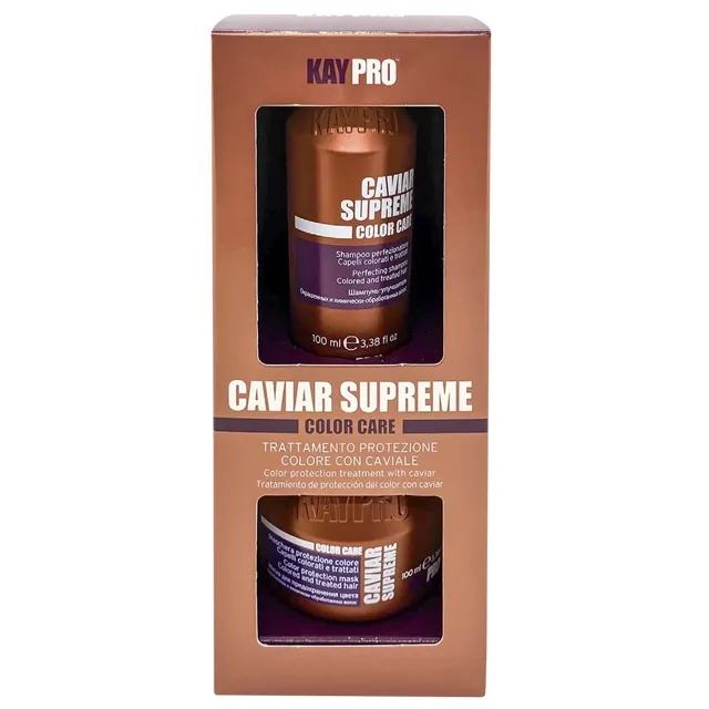 Produto cosmético KAY PRO CAVIAR SUPREME COLOR CARE em embalagem cobre com frasco e pote visíveis