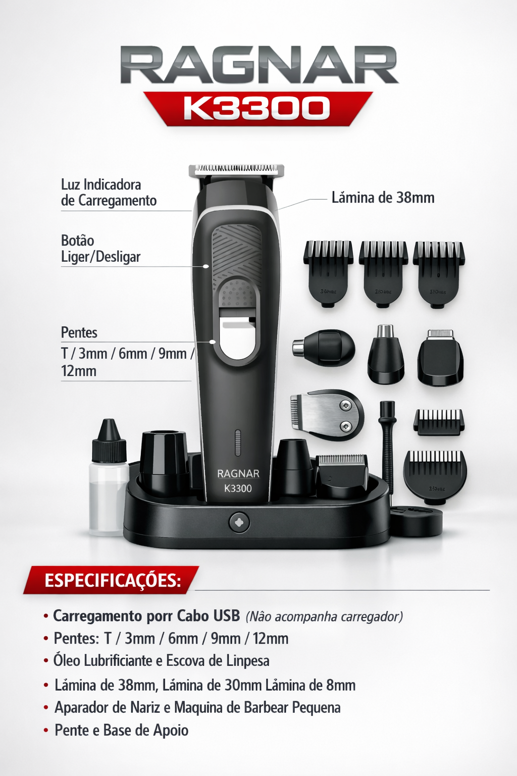 Aparelho de barbear RAGNAR K3300 com acessórios e características técnicas
