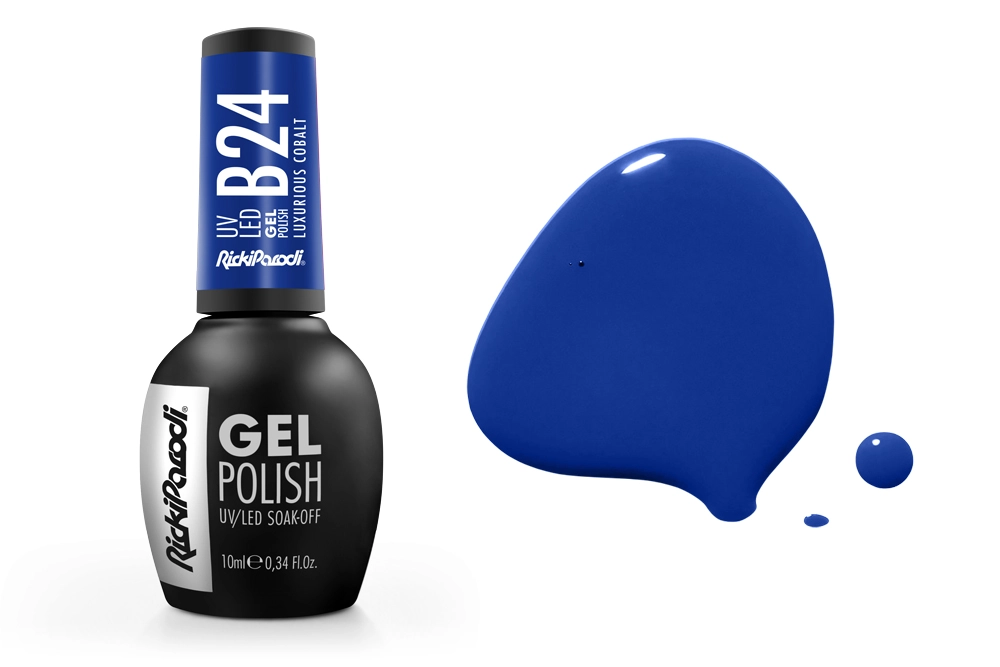 Frasco de verniz de gel preto com rótulo ao lado de mancha azul grande e gotas pequenas