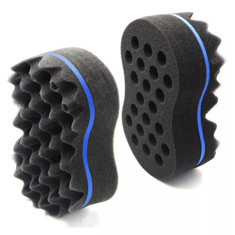 Dois esponjas pretas com textura ondulada e furos circulares com faixa azul