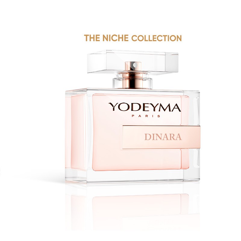 Frasco de perfume YODEYMA DINARA com líquido rosa claro