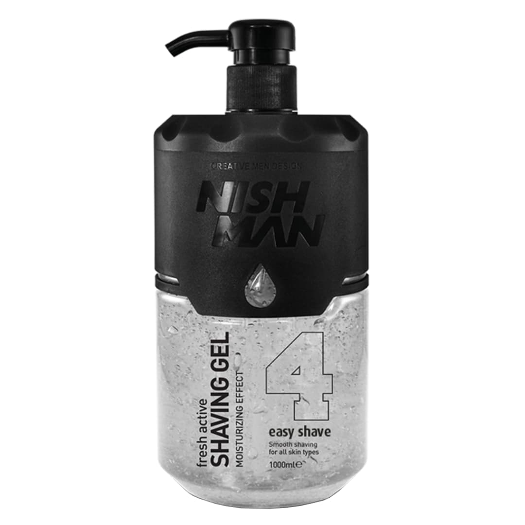Frasco de gel de barbear Nish Man com tampa preta e texto em preto e branco
