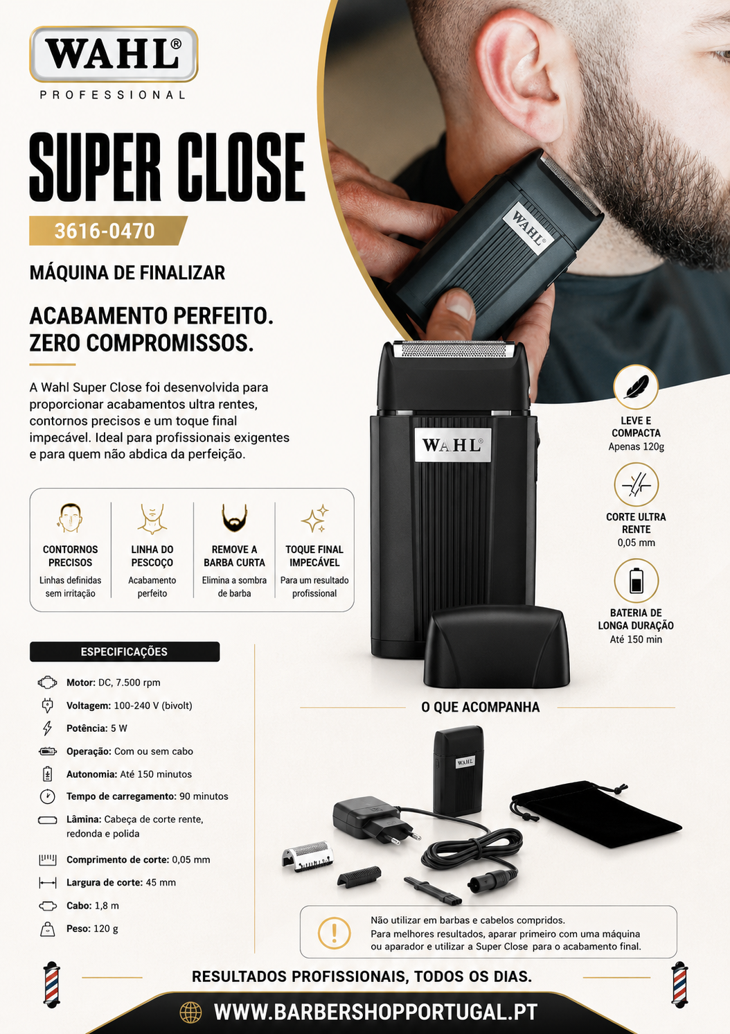 Máquina de finalizar Wahl Super Close 3616-0470 preta com acessórios e texto descritivo em português