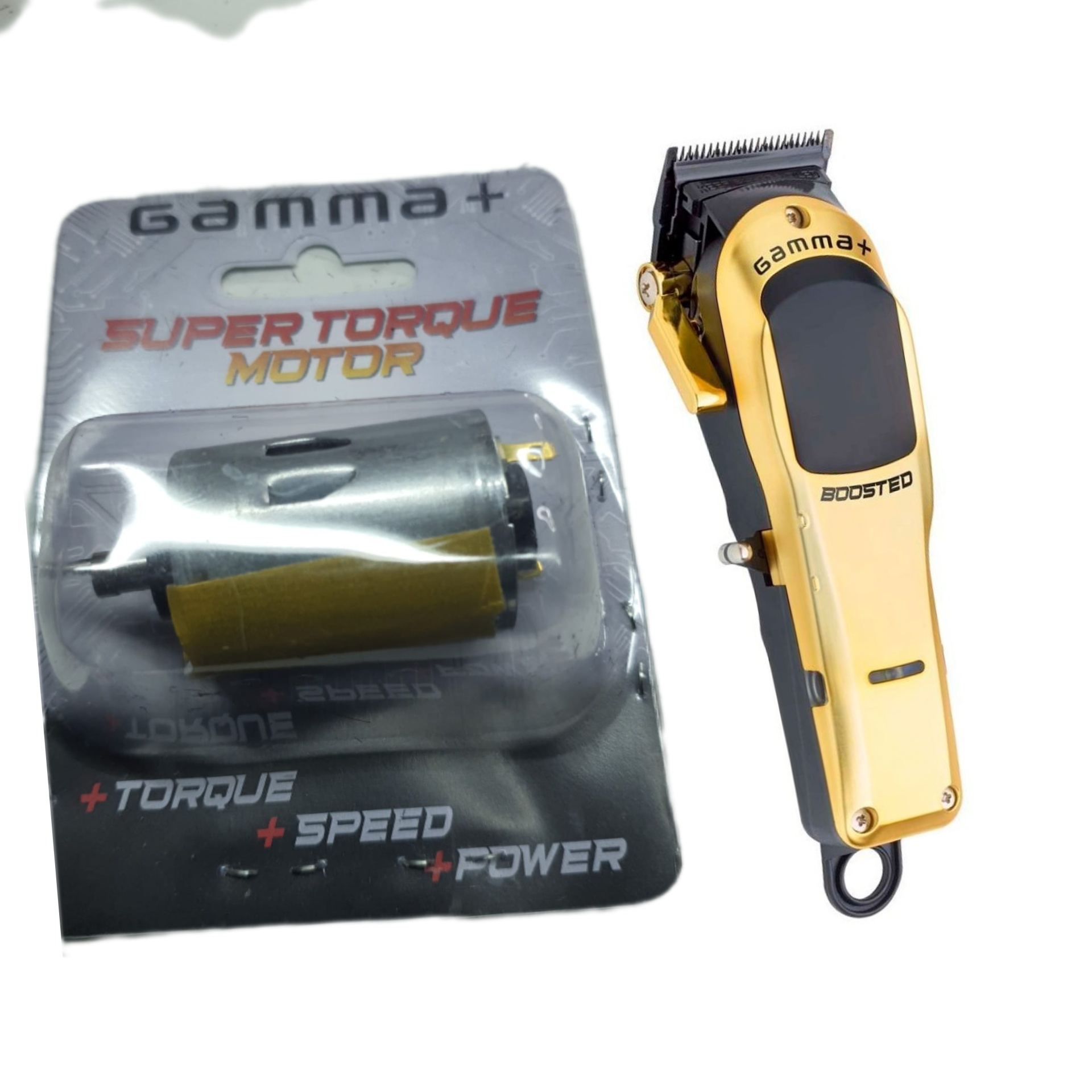 Motor elétrico GAMMA+ SUPERTORQUE MOTOR e máquina de cortar cabelo dourada e preta GAMMA+