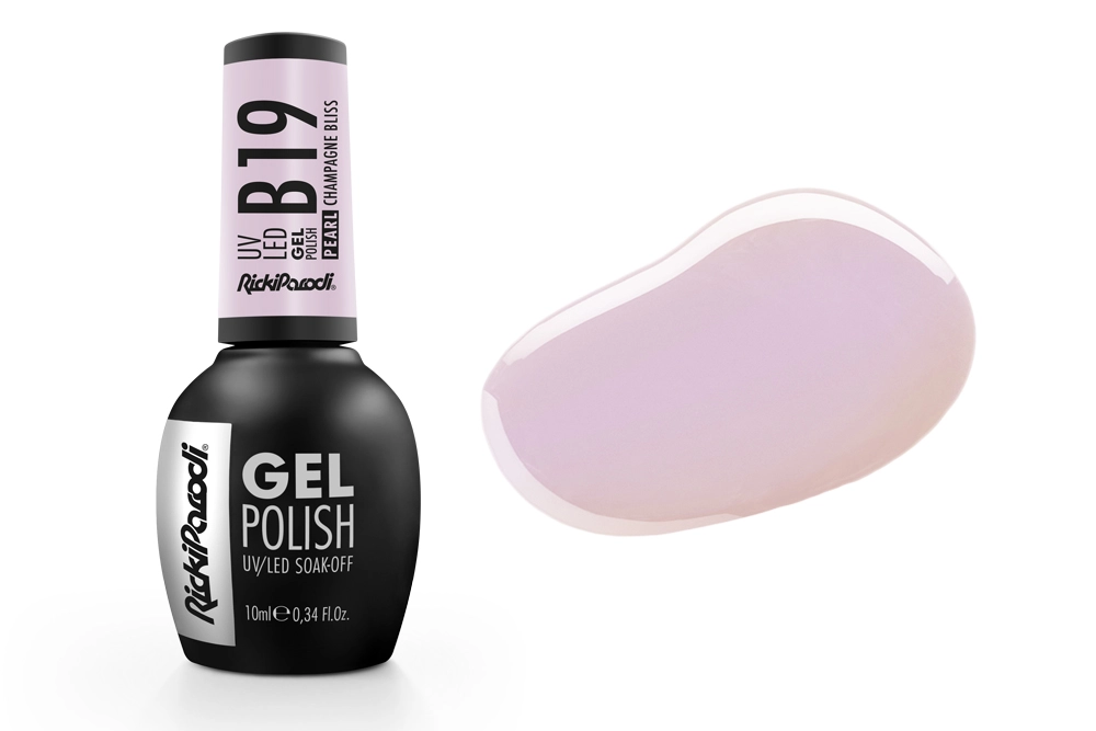 Frasco de verniz gel para unhas com amostra da cor pérola champanhe