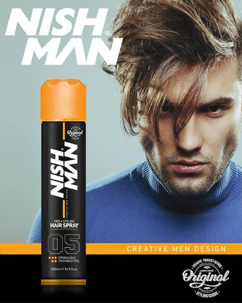 Spray de cabelo NISH MAN preto com tampa laranja ao lado de homem com camisola azul de gola alta