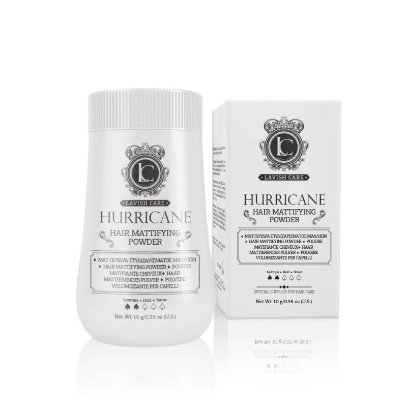 Pó matificante para cabelo Lavish Care Hurricane, embalagem e caixa brancas com texto preto.