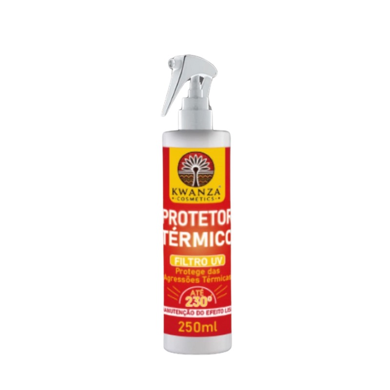 Frasco spray de protetor térmico Kwanza de 250ml em fundo branco