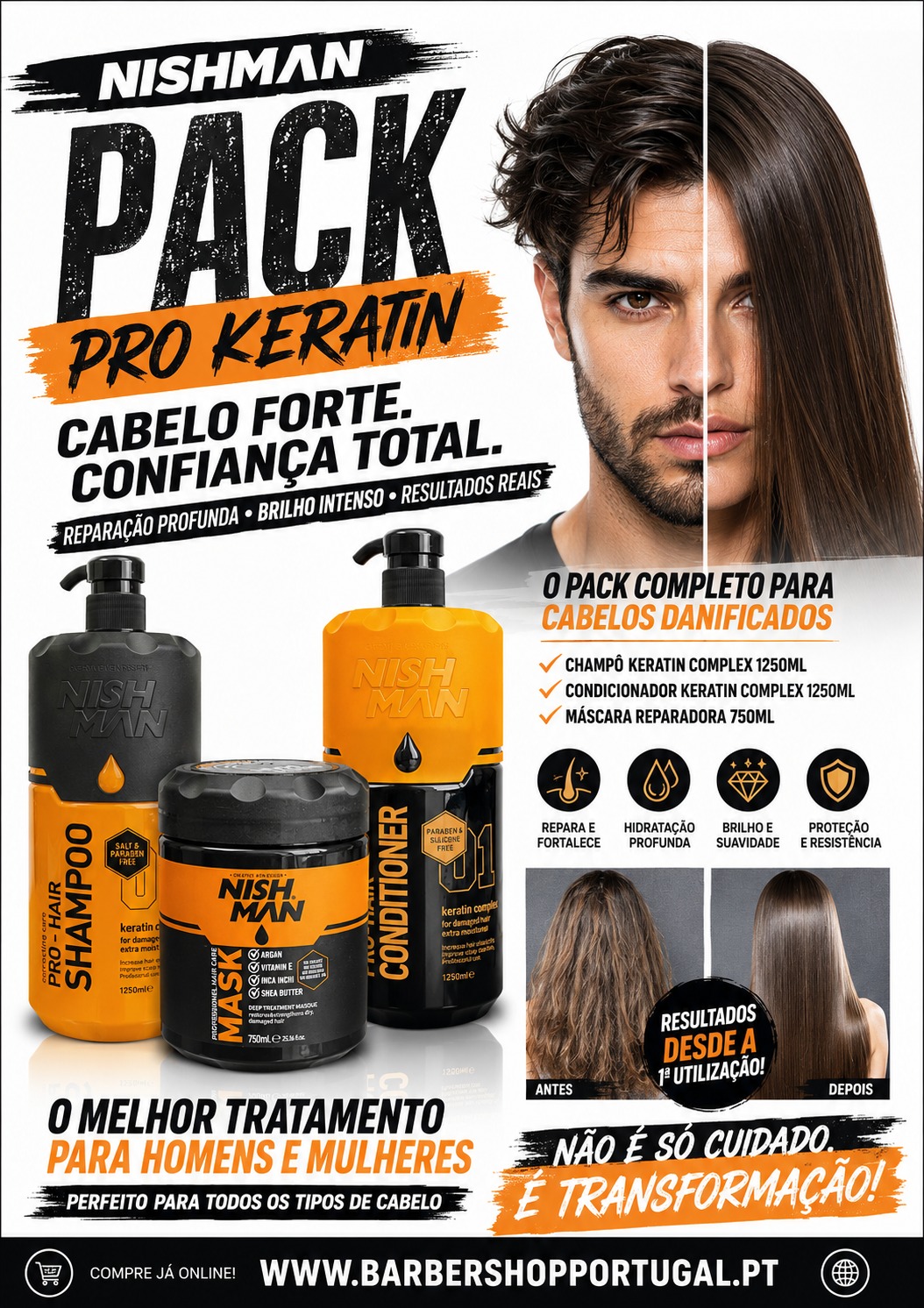Produtos para cabelo NISHMAN PACK PRO KERATIN shampoo, condicionador e máscara reparadora em embalagens preta e laranja